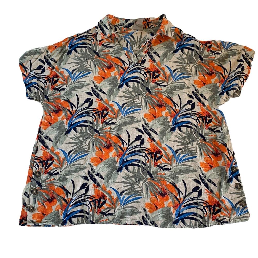 Chico's Size 3 (XL) Fiesta Palms Linen Blend Popover Short Sleeve Shirt V-neck